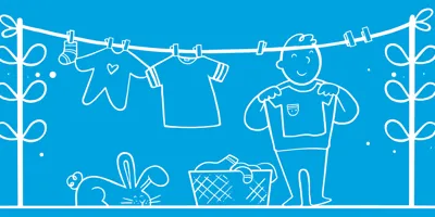 Ilustrația unui băiat care spânzură spălându-se pe o linie de spălare ca exemplu de treburi pentru copii