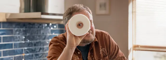 man looking through toilet paper roll